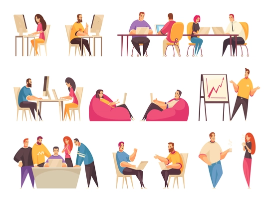 Coworking people set with teams of creative employees working together at big desk or discussing business problems isolated vector illustration