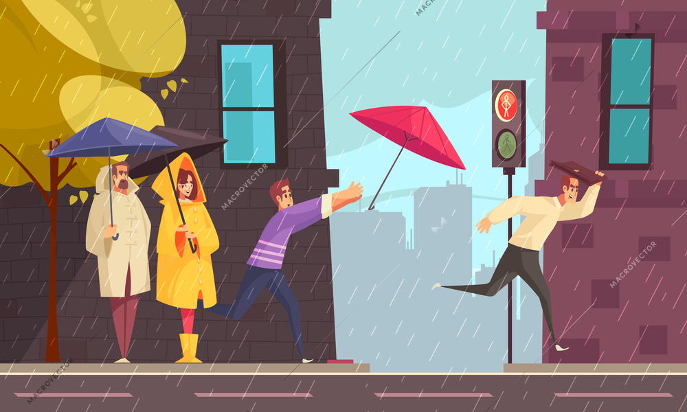 Bad rainy weather in city flat composition with people in raincoats under umbrellas at crossroad vector illustration