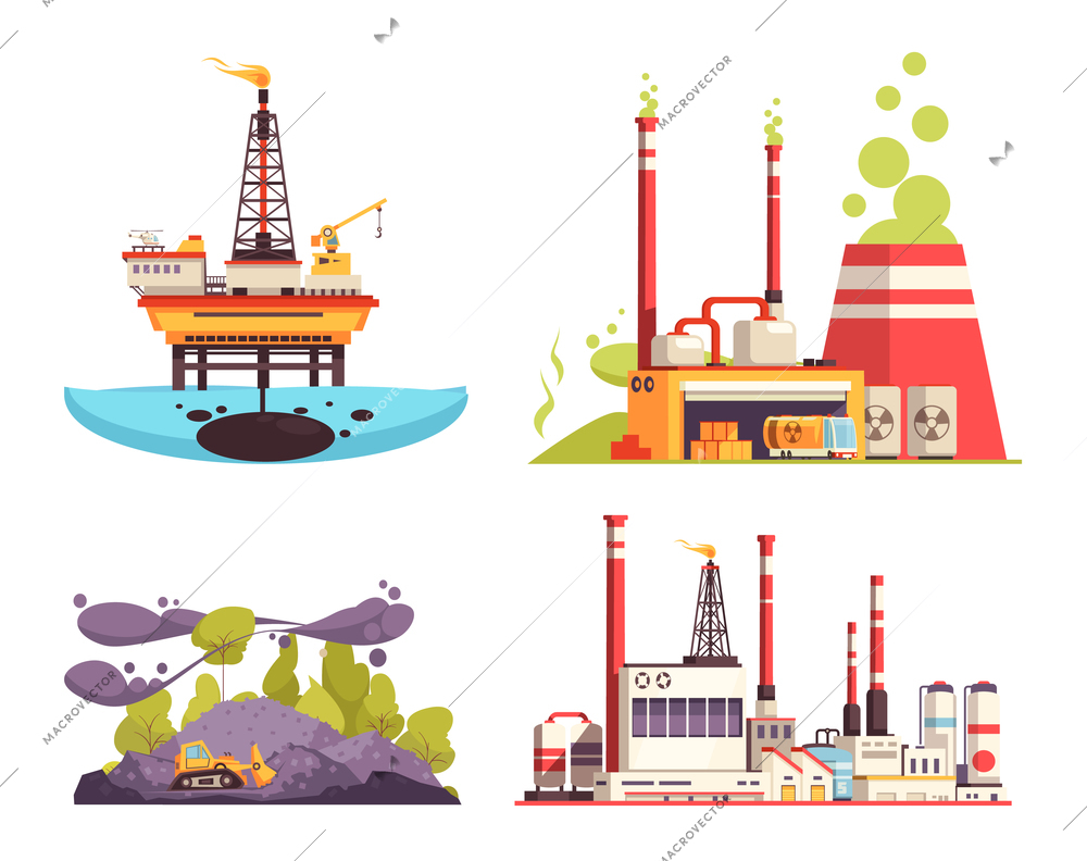 Industry 2x2 design concept set of oil offshore platform refinery power station pollution isolated vector illustration