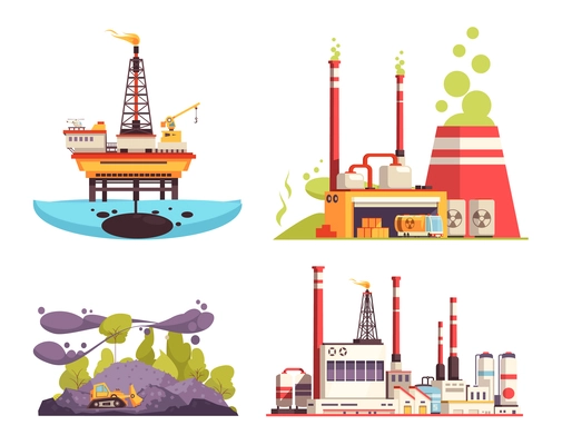 Industry 2x2 design concept set of oil offshore platform refinery power station pollution isolated vector illustration