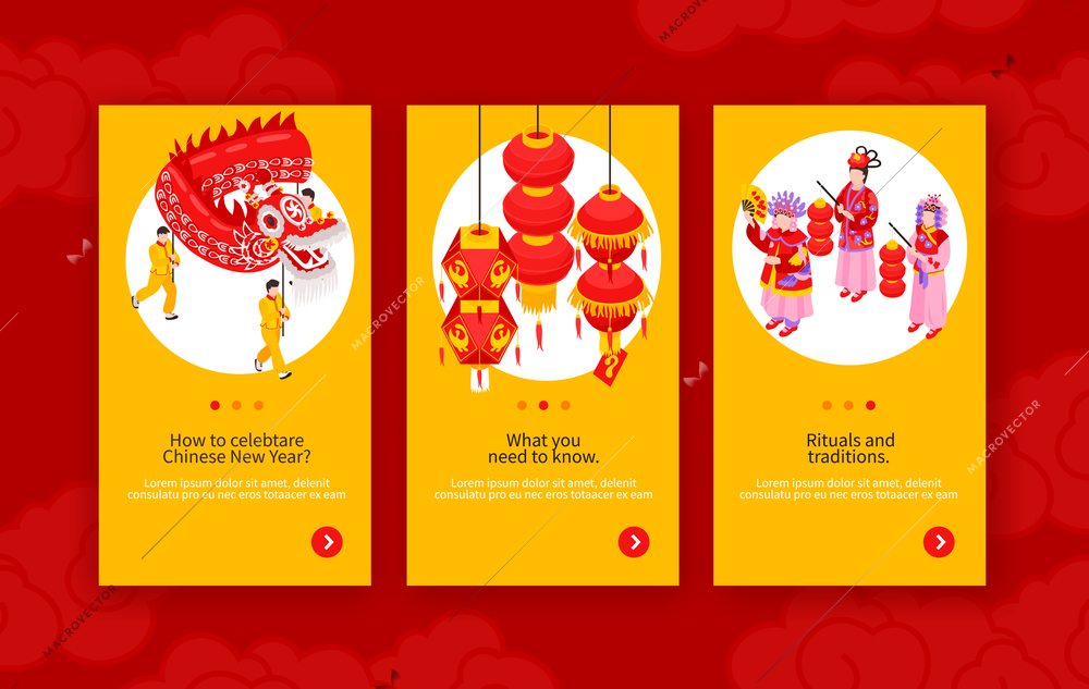 Chinese new year vertical banners with information about rituals decorated by holiday attributes isometric vector illustration