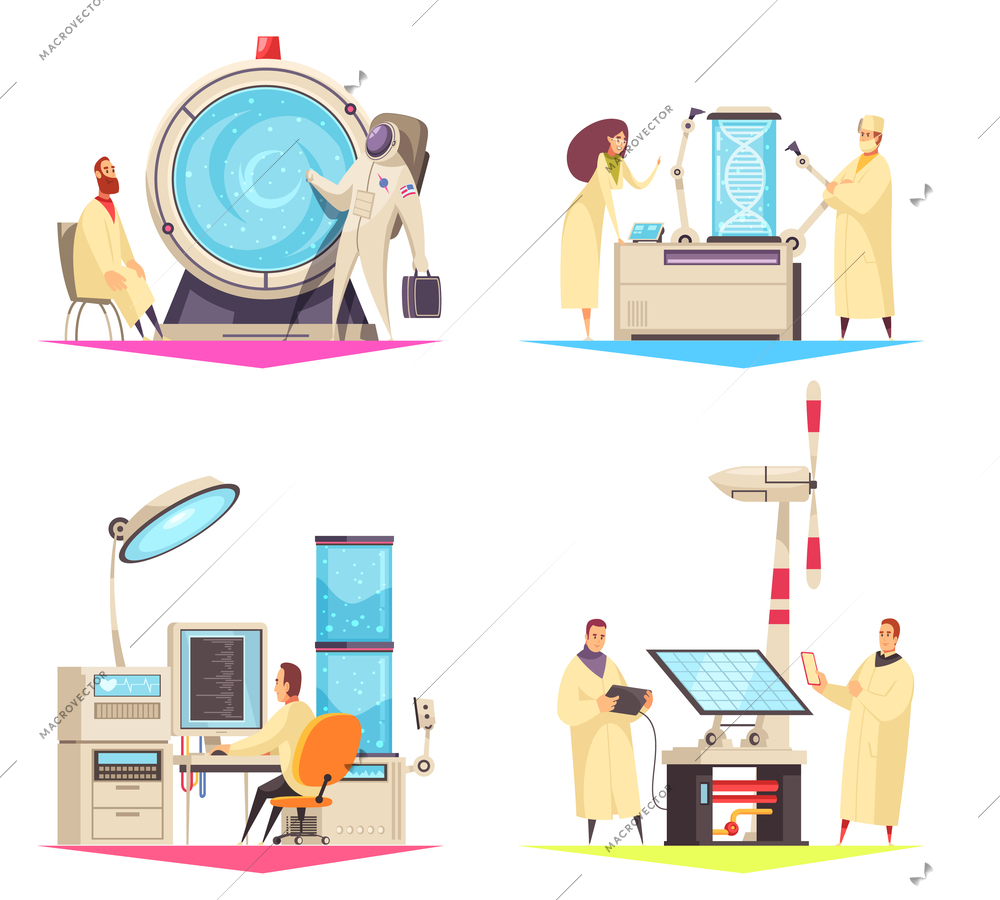 Science 2x2 design concept of research in field of biotechnology medical robots and green energy flat vector illustration