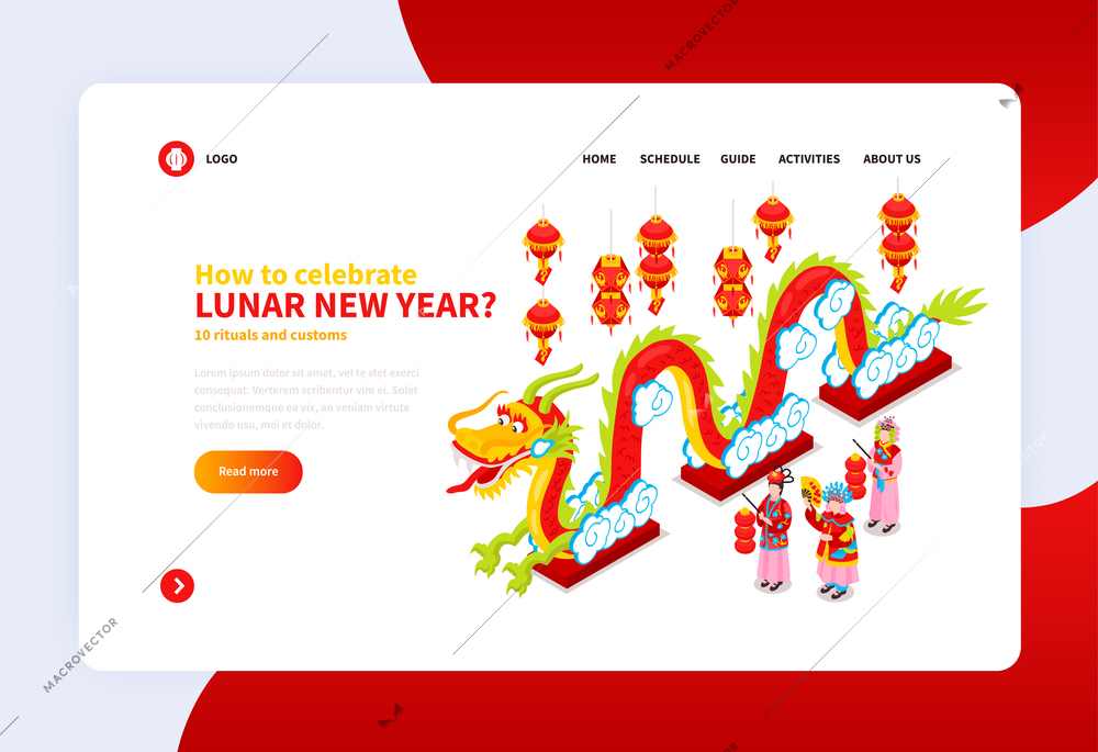 Chinese new year landing page with information about how to celebrate holiday isometric vector illustration