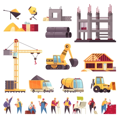 Construction flat set with unfinished building pipes crane bulldozer workers concrete mixer excavator isolated icons vector illustration