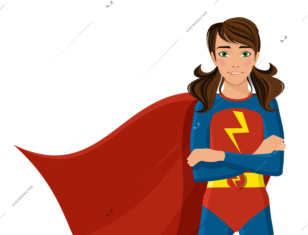 Girl in superhero costume half-length portrait isolated on white background vector illustration.