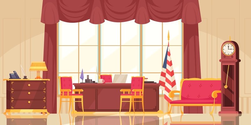 Presidential workplace interior flat composition with executive office furniture state flag clock desk large window vector illustration