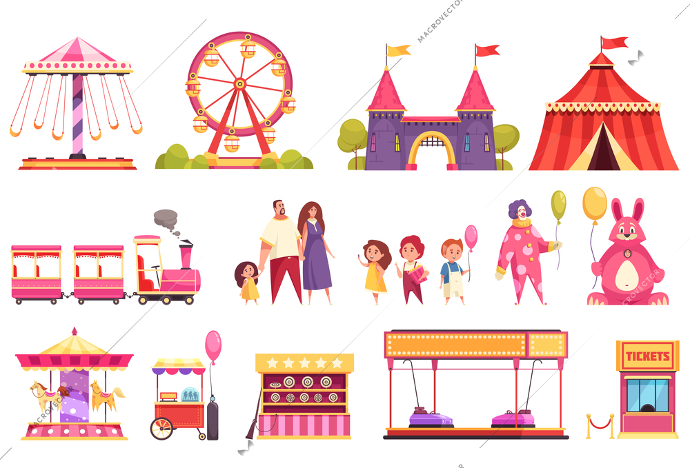 Amusement park isolated icons set of autodrome train carousel medieval castle attractions circus tent and visitors cartoon vector illustration