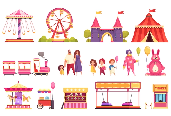 Amusement park isolated icons set of autodrome train carousel medieval castle attractions circus tent and visitors cartoon vector illustration