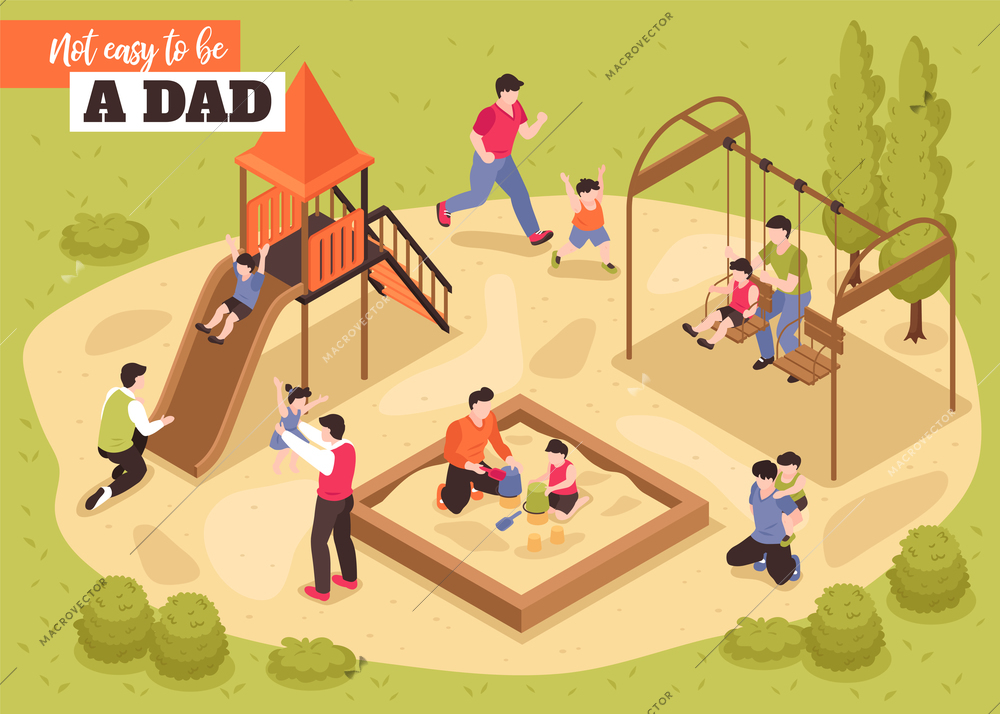 Not easy to be dad isometric background with fathers playing with their children on playground vector illustration