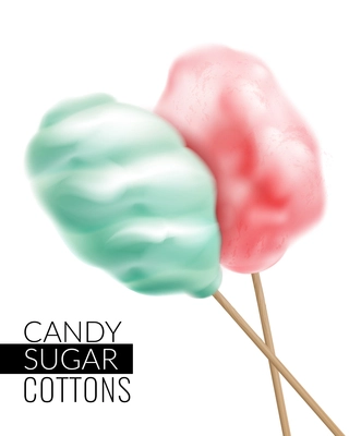 Realistic candy sugar cottons background with text and images of colourful candyfloss products on blank background vector illustration