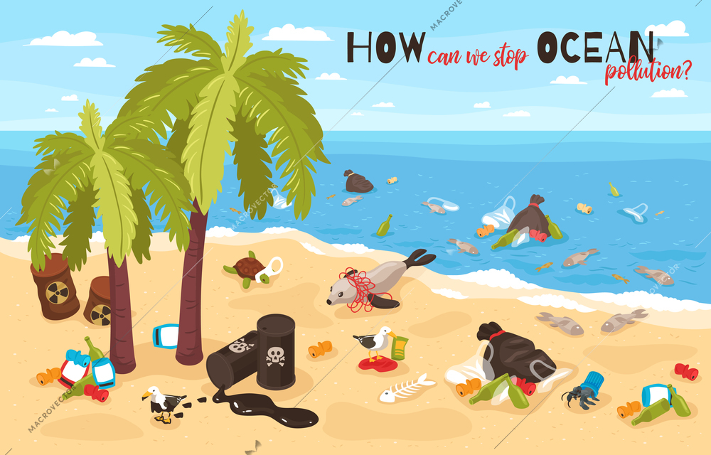 Stop ocean pollution isometric poster illustrated plastic bottles garbage and barrels of hazardous waste washed up on seashore vector illustration