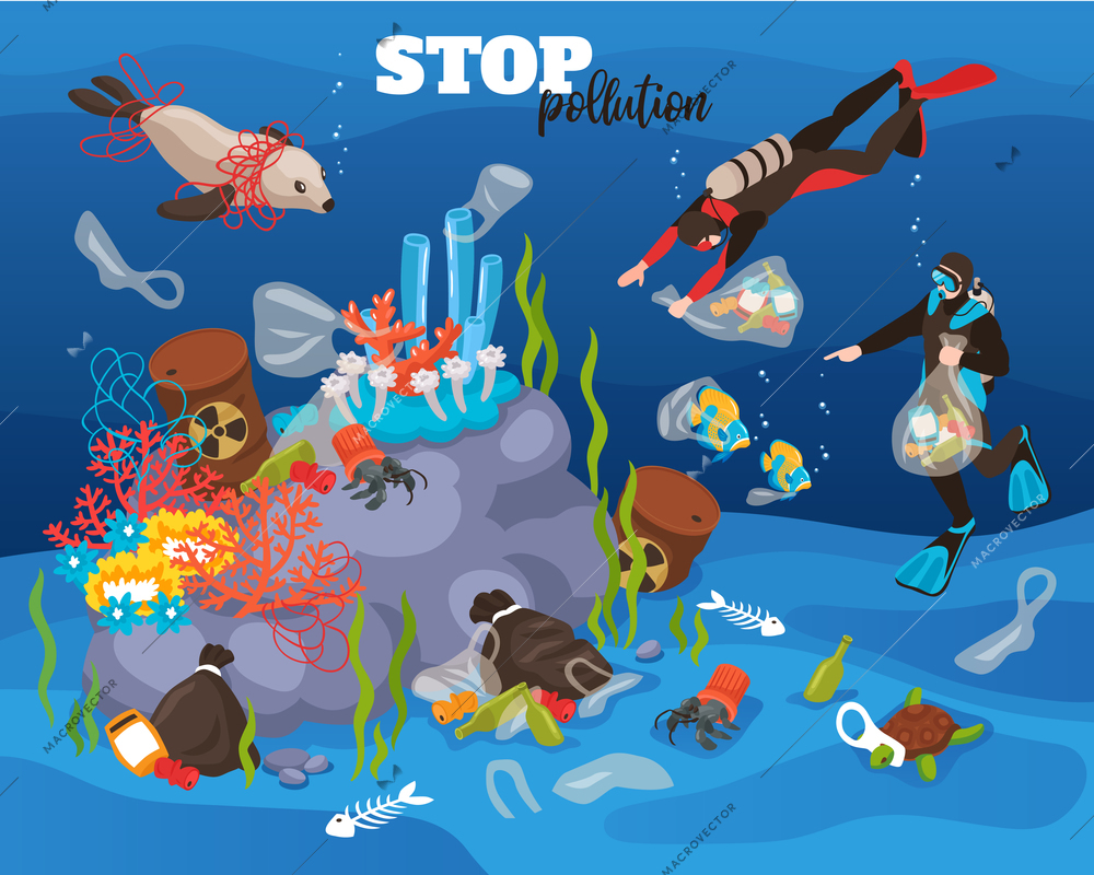 Stop water pollution underwater background with divers cleaning small trash from ocean bottom isometric vector illustration