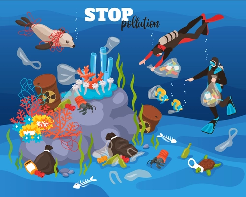 Stop water pollution underwater background with divers cleaning small trash from ocean bottom isometric vector illustration