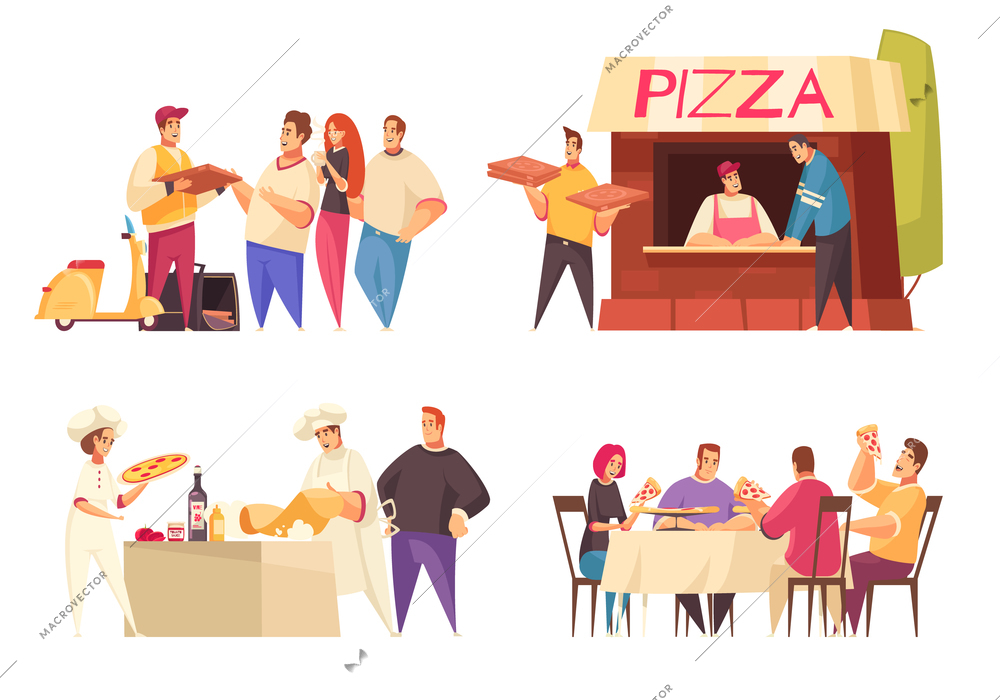 Pizza design concept with pizza delivery pizza store and family at the dinner table descriptions vector illustration