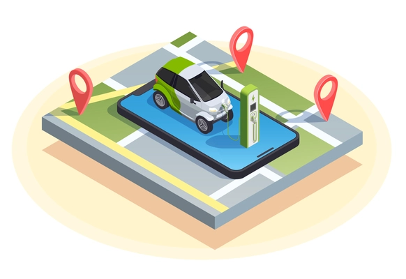 Gas station isometric composition of charging car on top of smartphone with location signs and map vector illustration