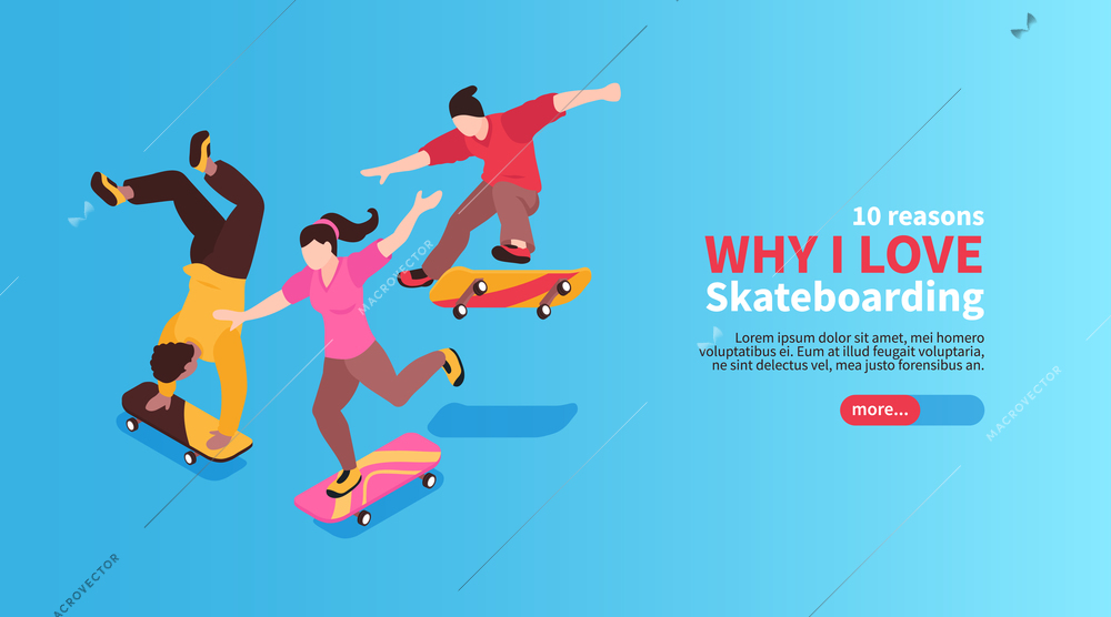 Extreme street sport horizontal banner with young people riding on skateboards isometric vector illustration