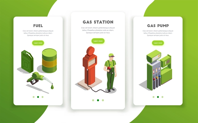 Gas station isometric set of vertical banners with page switch buttons editable text and colourful images vector illustration