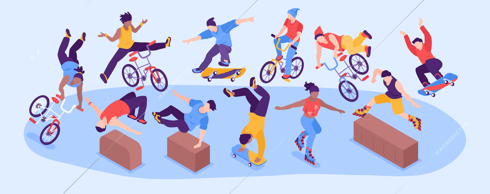 Extreme street sport horizontal narrow vector illustration with group of teenage boys and girls performing roller skating parkour and skateboarding