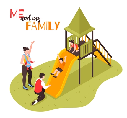 Family on playground isometric composition with parents watching as children rolling down the slide vector illustration