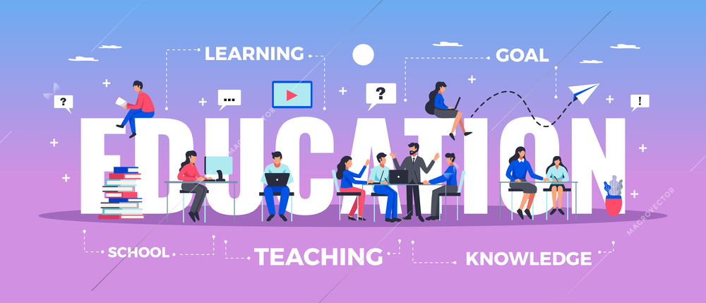 Education horizontal typography banner set with learning and knowledge symbols flat vector illustration