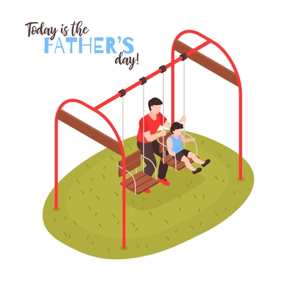 Fathers day isometric design concept with dad rocking his son on swing vector illustration