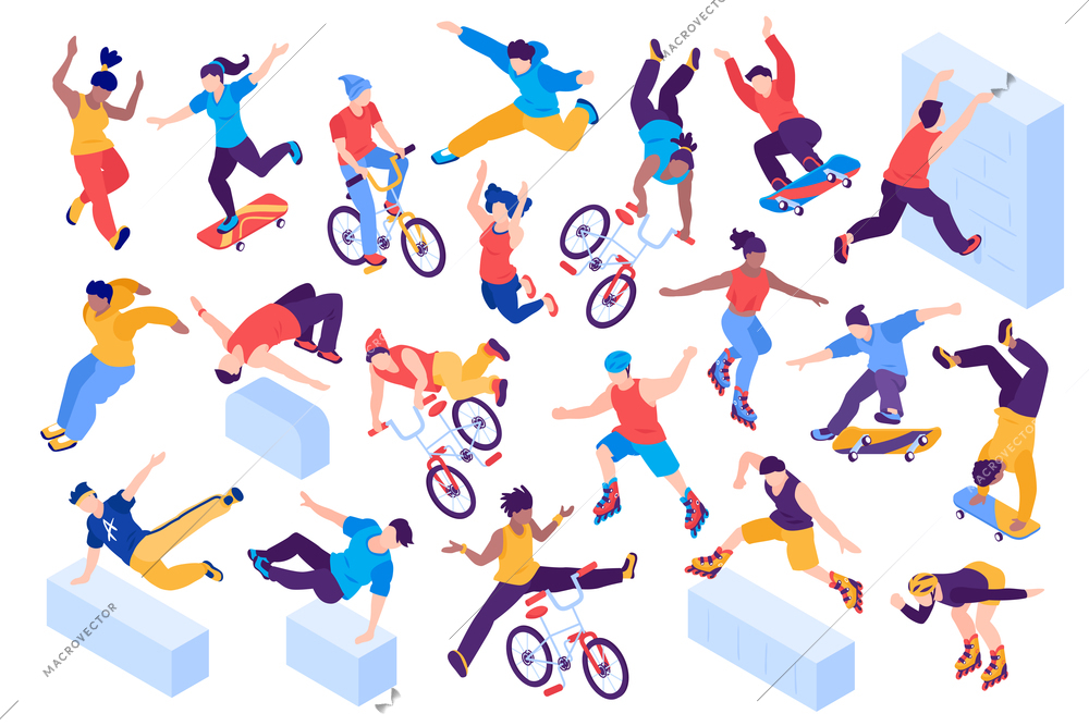 Extreme city sport isometric set with teenagers jumping riding bicycles rollers skateboarders isolated vector illustration