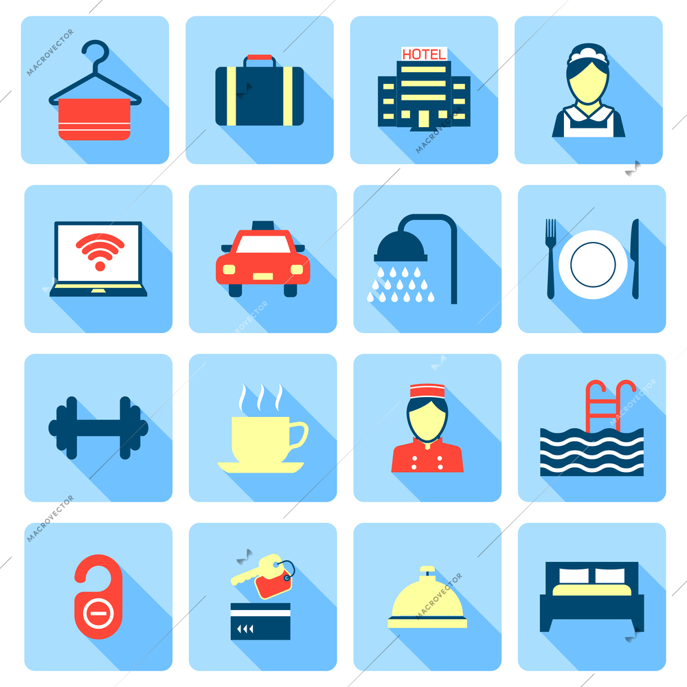 Set of hotel bed reception bath bed bell icons on colorful squares in flat color style vector illustration