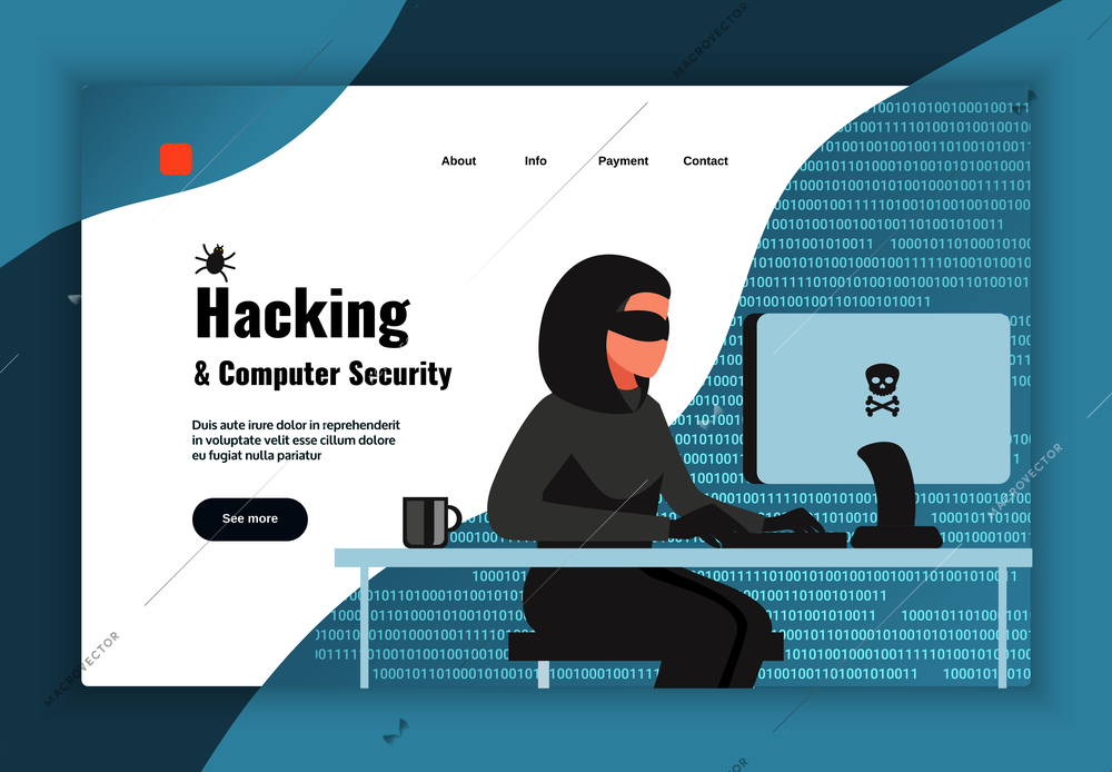 Hacker page design with computer security symbols flat vector illustration