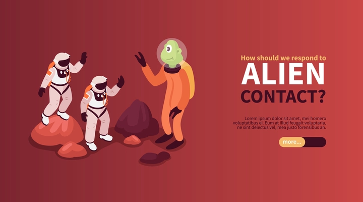 Alien contact isometric horizontal banner with two astronauts friendly saluting alien creature on unknown planet vector illustration