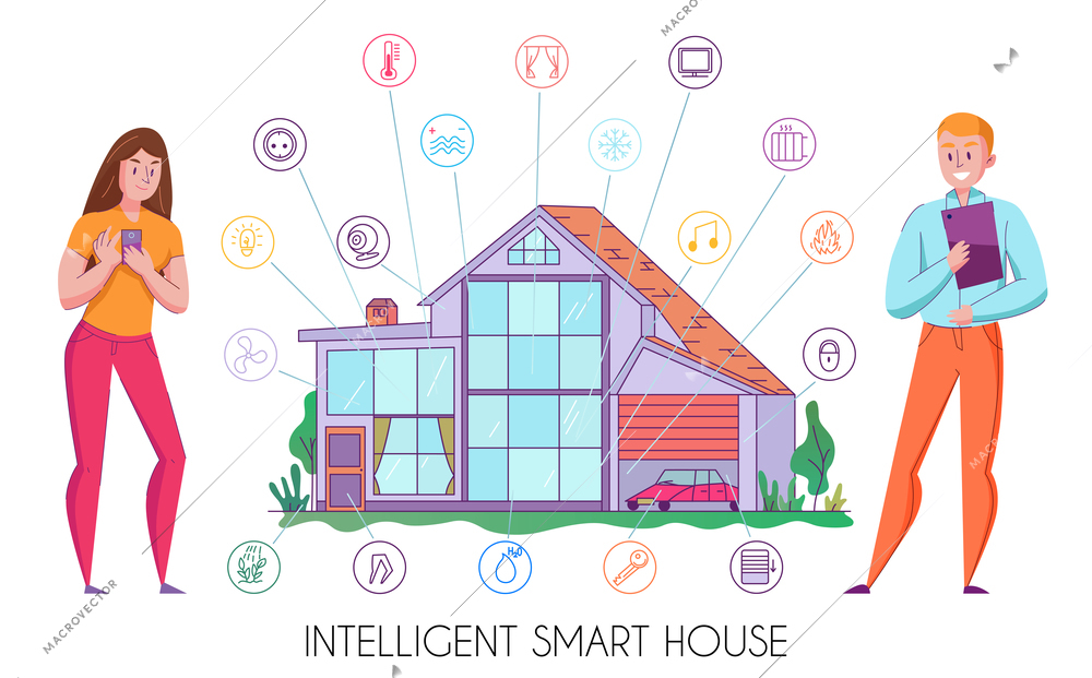 Smart intelligent house technology flat composition with owners controlling iot devices with tablet and smartphone vector illustration