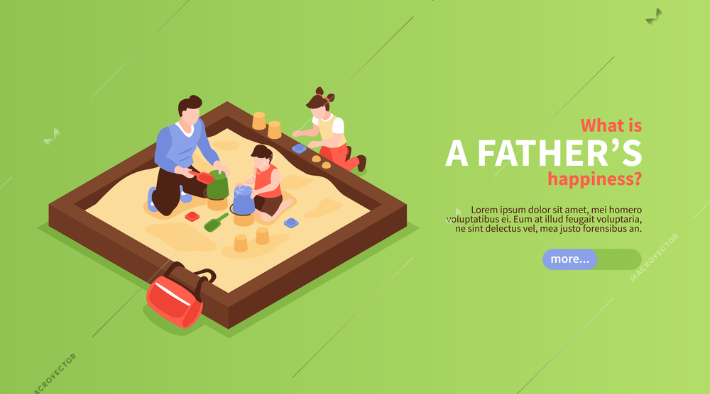 Fathers happiness horizontal banner with dad and kids playing in sandbox isometric vector illustration