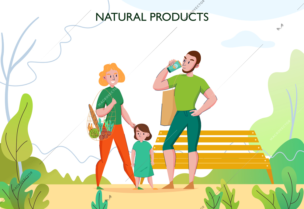 Zero waste lifestyle with young fit family outdoor using eco friendly sustainable natural products flat vector illustration