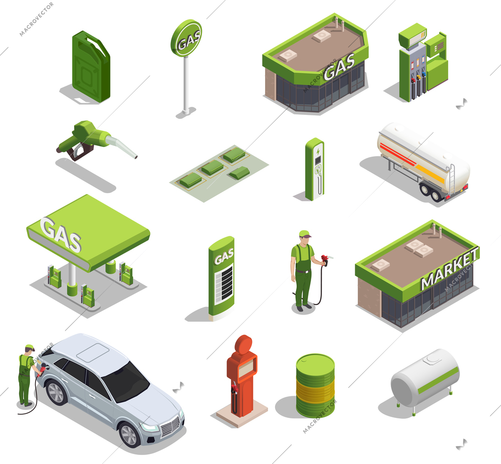 Gas station isometric set of icons and images of filling columns petrol cans buildings and people vector illustration