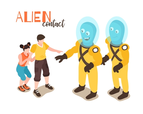 Alien contact design concept with boy and girl meeting two cartoon funny humanoids isometric vector illustration