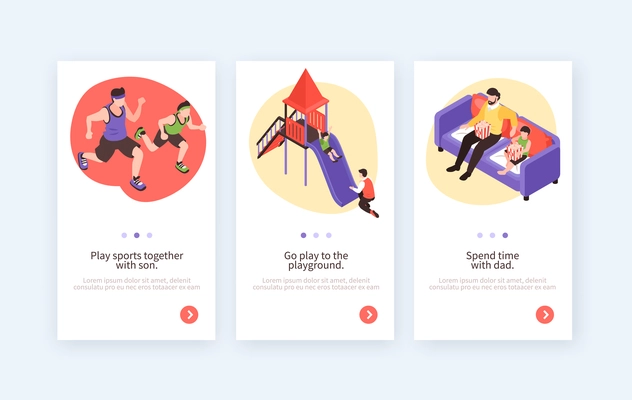 Fatherhood isolated vertical banners with isometric compositions showing how children and dad spend time together vector illustration