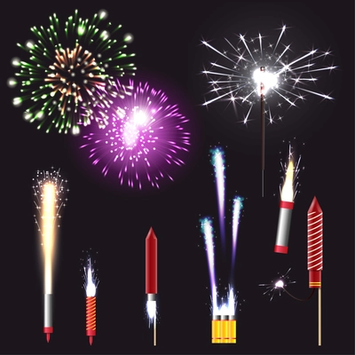 Fireworks realistic set with pyrotechnics and fun symbols isolated vector illustration