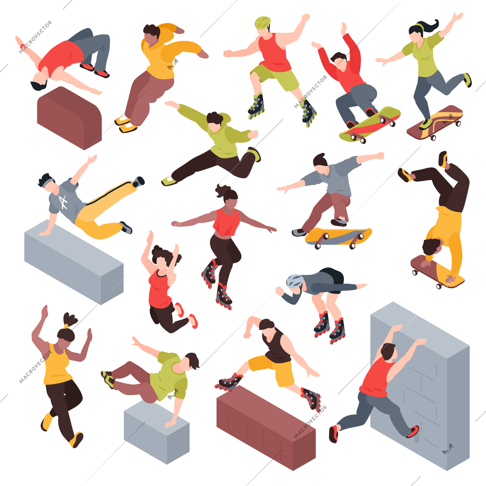 Extreme street sport isometric set with rollers skateboarders and teens engaged in parkour isolated vector illustration