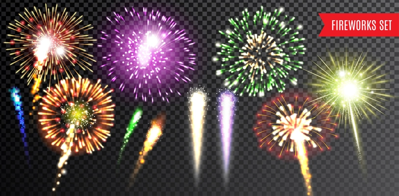 Fireworks transparent set with festival and celebration symbols isolated vector illustration