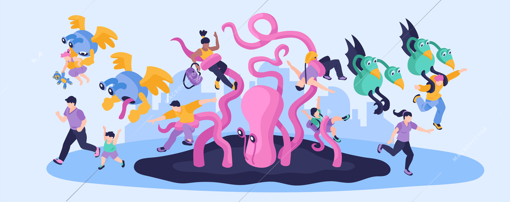 Aliens colorful narrow illustration with people running away from cartoon monstrous characters isometric vector illustration