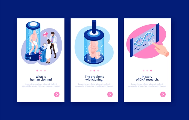 Human cloning vertical banners as web advertising of science articles about genetic engineering isometric vector illustration