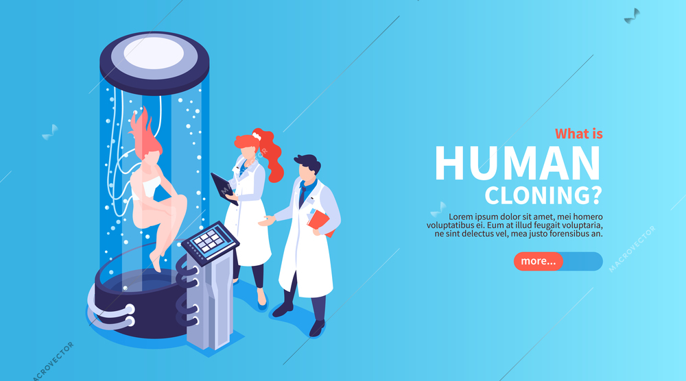 Human cloning isometric landing page with scientists watching female human being in big glass capsule vector illustration