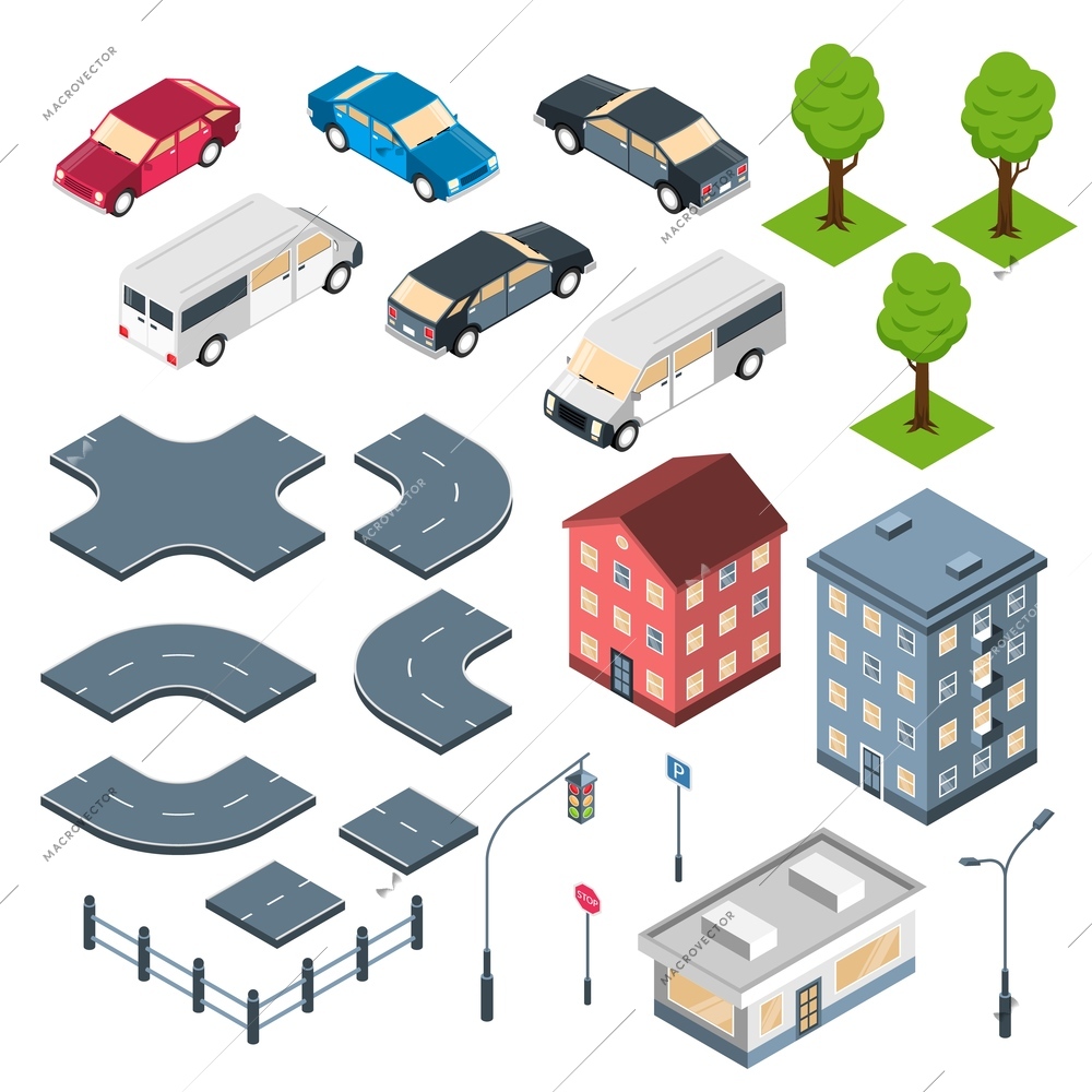 City constructor isometric set with road elements crossroad town buildings and cars isolated vector illustration