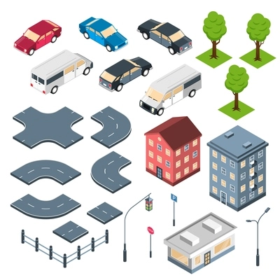 City constructor isometric set with road elements crossroad town buildings and cars isolated vector illustration