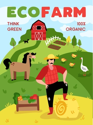 Eco farming vertical poster with doodle style composition of suburban farm scenery and animals with text vector illustration