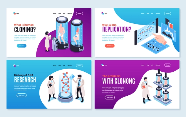 Human cloning isometric banners showing history and problems associated with human genome experiments vector illustration