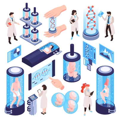 Isometric human cloning dna research science laboratory set with isolated icons of test tubes human characters vector illustration