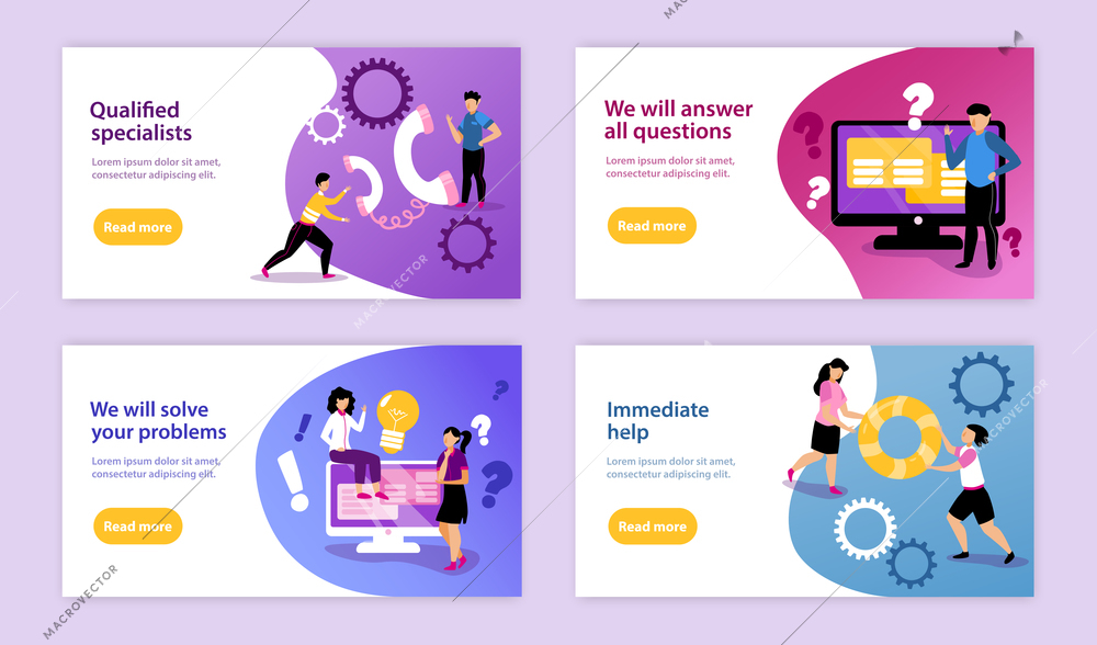 Set of support call centre horizontal banners with read more buttons text description symbols and people vector illustration