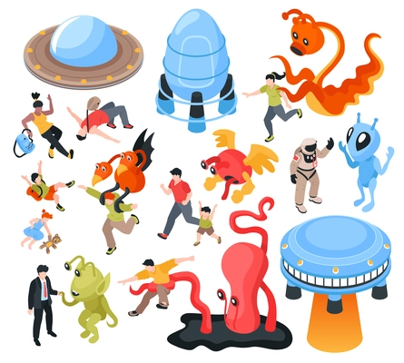 Ufo and aliens isometric set of flying saucers and fantastic characters from outer space isolated vector illustration