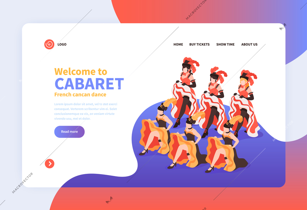 Welcome to cabaret isometric landing page with group of dancing women wearing festival costumes with feathers vector illustration