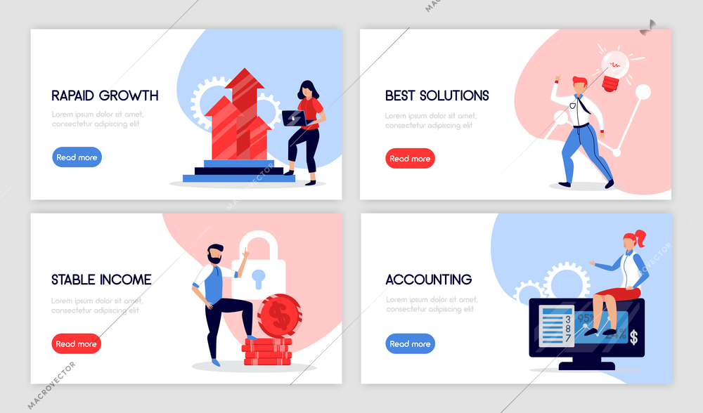 Set of four isolated accounting horizontal banners with doodle style images text and read more button vector illustration